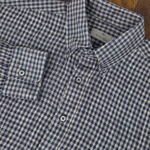 Canali Gingham Check Linen Button Down Shirt Mens XL Blue Grey Made in Italy